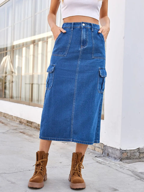 'Mckenna' Slit Midi Denim Skirt with Pockets - Celes Fashion